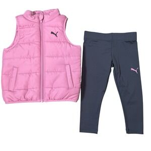 PUMA Toddler Girl 2 Piece Set Puffer Vest Leggings Size 2T Pink Gray NWT